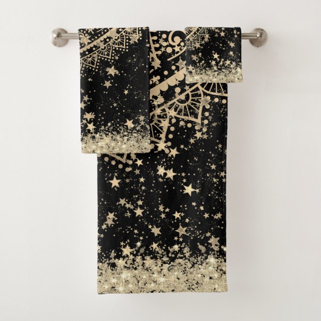 Enchanting Mandala with Gold Stars on Black Bath Towel Set (Insitu)