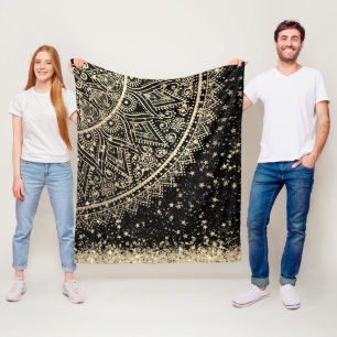 Enchanting Mandala with Gold Stars on Black Fleece Blanket