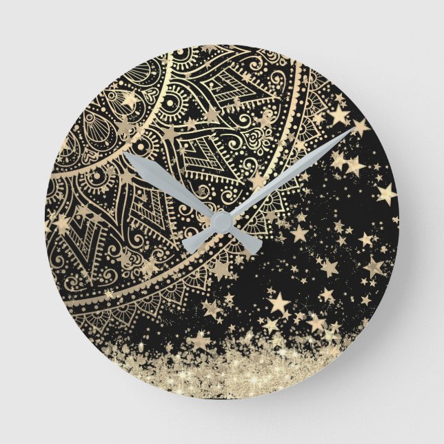 Enchanting Mandala with Gold Stars on Black     Round Clock (Front)