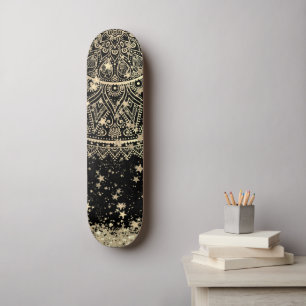 Enchanting Mandala with Gold Stars on Black Skateboard