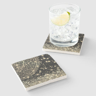 Enchanting Mandala with Gold Stars on Black   Stone Coaster