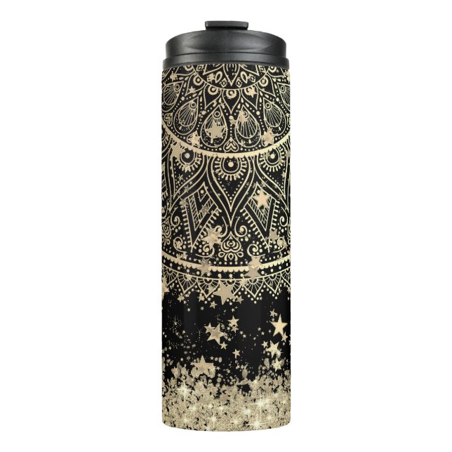 Enchanting Mandala with Gold Stars on Black Thermal Tumbler (Front)