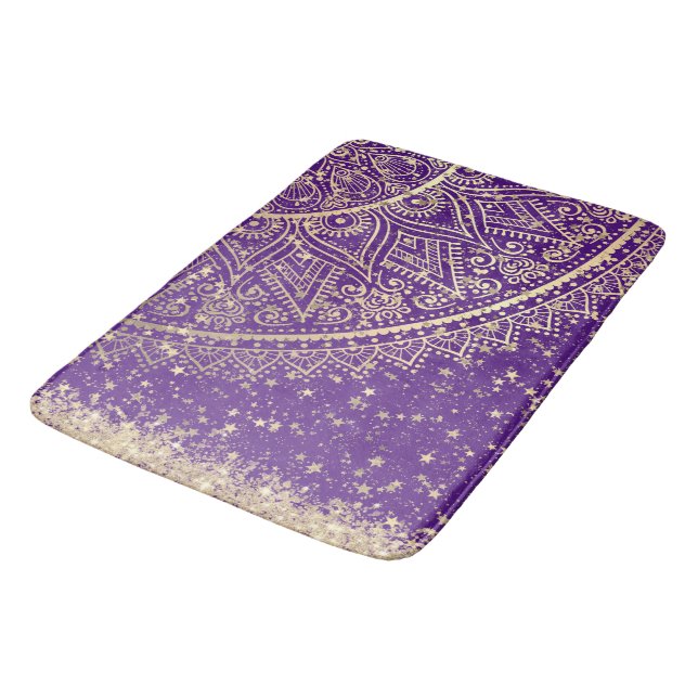 Enchanting Mandala with Gold Stars on Purple  Bath Mat (Angled)