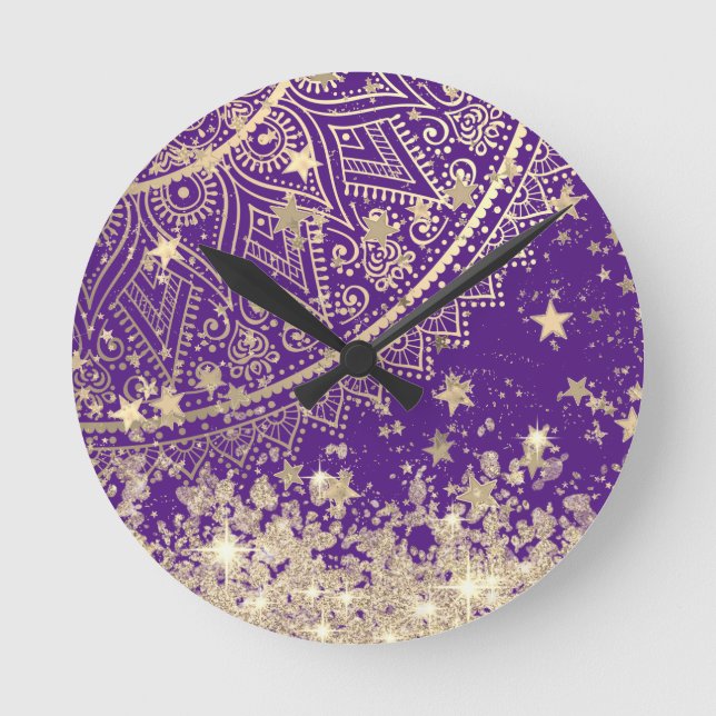 Enchanting Mandala with Gold Stars on Purple  Round Clock (Front)