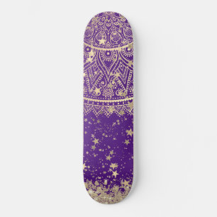 Enchanting Mandala with Gold Stars on Purple Skateboard