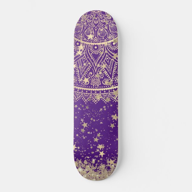 Enchanting Mandala with Gold Stars on Purple  Skateboard (Front)
