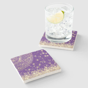Enchanting Mandala with Gold Stars on Purple Stone Coaster