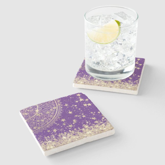 Enchanting Mandala with Gold Stars on Purple    Stone Coaster (Side)