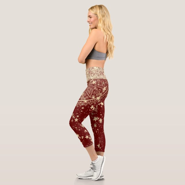 Enchanting Mandala with Gold Stars on Red Capri Leggings (Left)