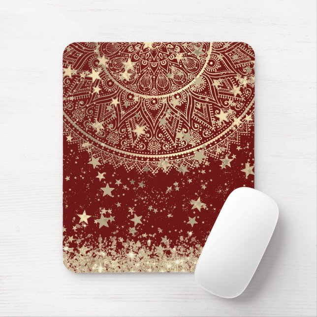 Enchanting Mandala with Gold Stars on Red  Mouse Pad (With Mouse)