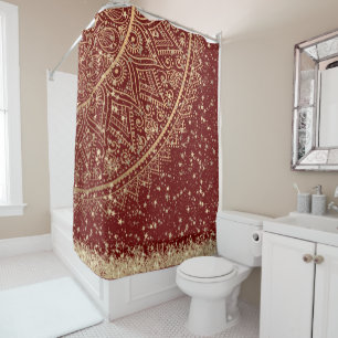 Enchanting Mandala with Gold Stars on Red Shower Curtain