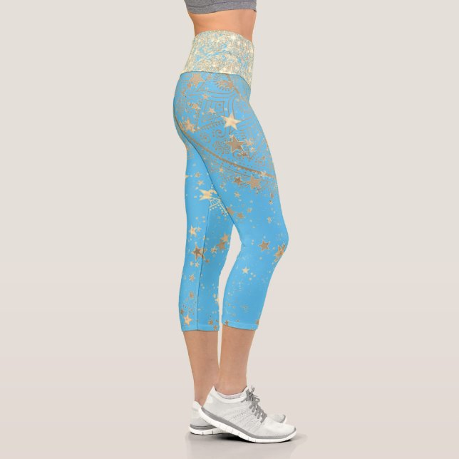 Enchanting Mandala with Gold Stars on Turquoise    Capri Leggings (Right)