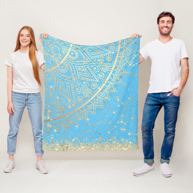 Enchanting Mandala with Gold Stars on Turquoise    Fleece Blanket (In Situ)