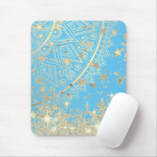 Enchanting Mandala with Gold Stars on Turquoise    Mouse Pad