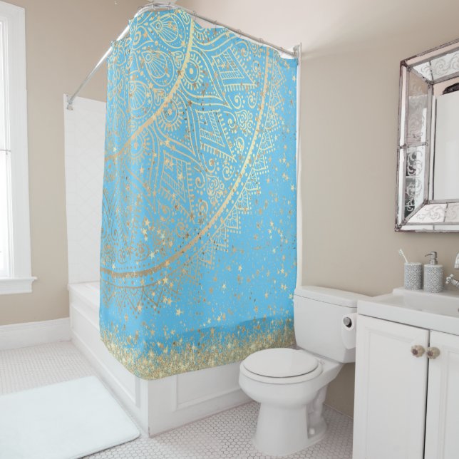 Enchanting Mandala with Gold Stars on Turquoise    Shower Curtain (In Situ)