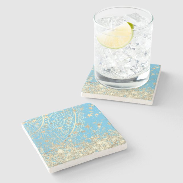 Enchanting Mandala with Gold Stars on Turquoise    Stone Coaster (Side)