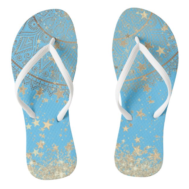 Enchanting Mandala with Gold Stars on Turquoise    Thongs (Footbed)