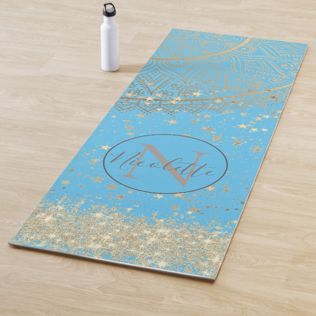 Enchanting Mandala with Gold Stars on Turquoise Yoga Mat (In Situ)