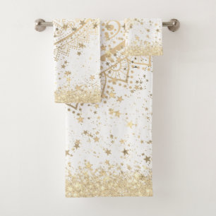 Enchanting Mandala with Gold Stars on White Bath Towel Set