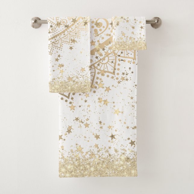 Enchanting Mandala with Gold Stars on White  Bath Towel Set (Insitu)