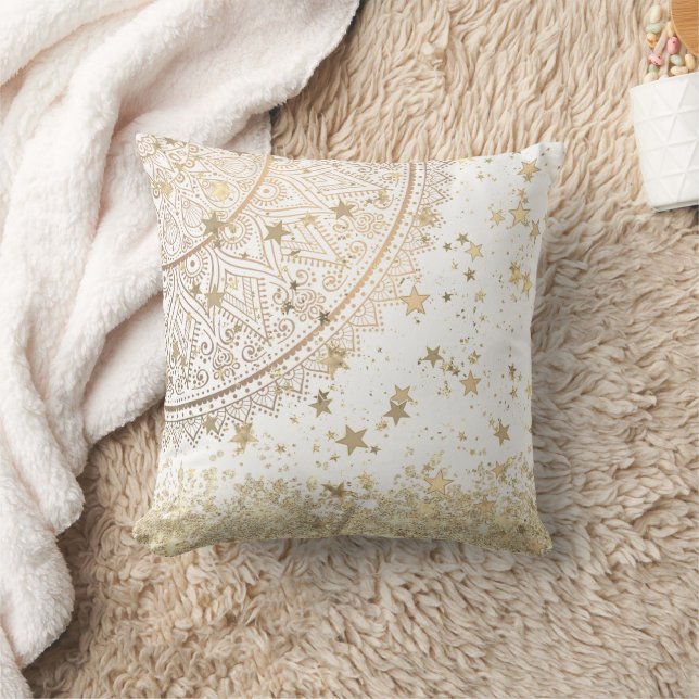Enchanting Mandala with Gold Stars on White  Cushion (Blanket)