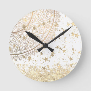 Enchanting Mandala with Gold Stars on White Round Clock