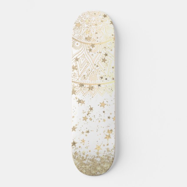 Enchanting Mandala with Gold Stars on White  Skateboard (Front)