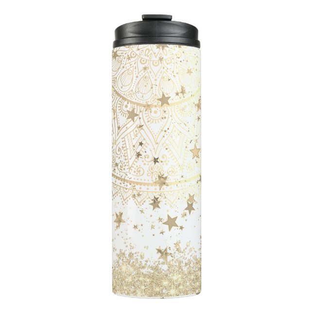 Enchanting Mandala with Gold Stars on White  Thermal Tumbler (Front)
