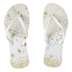 Enchanting Mandala with Gold Stars on White  Thongs