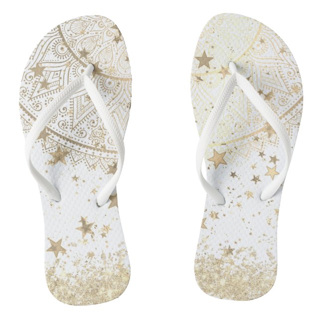 Enchanting Mandala with Gold Stars on White  Thongs (Footbed)