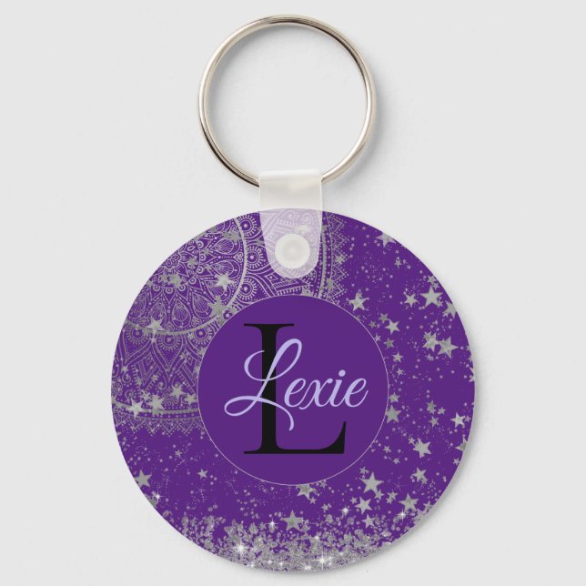 Enchanting Mandala with Silver Stars on Purple    Key Ring (Front)