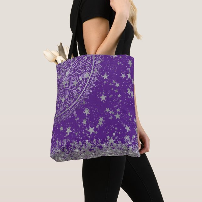Enchanting Mandala with Silver Stars on Purple  Tote Bag (Close Up)