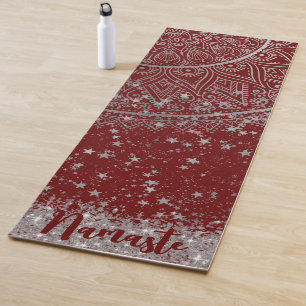Enchanting Mandala with Silver Stars on Red Yoga Mat