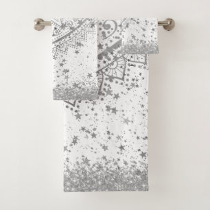 Enchanting Mandala with Silver Stars on White Bath Towel Set