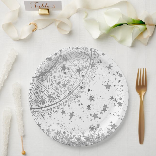 Enchanting Mandala with Silver Stars on White   Paper Plate (Wedding)