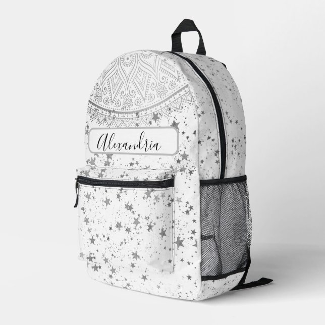 Enchanting Mandala with Silver Stars Personalised Printed Backpack (Back Corner Right)