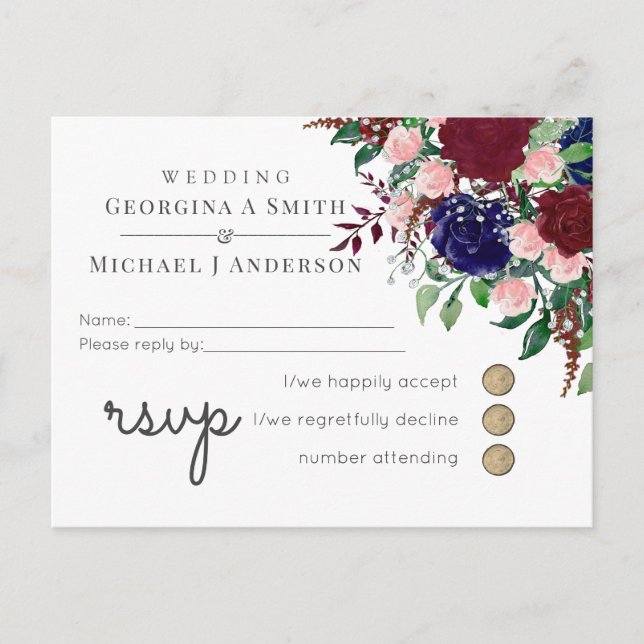 Enchanting Marsala Navy Blue Pink Wedding Invitation Postcard (Front)