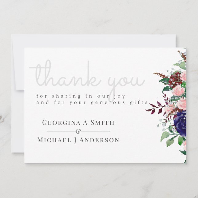 Enchanting Marsala Navy Blue Pink Wedding Thank You Card (Front)