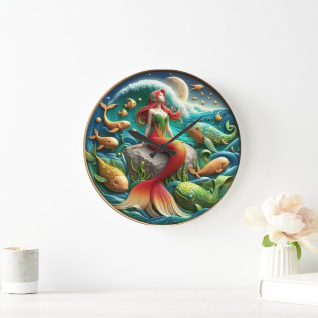 Enchanting Mermaid Sitting on a Rock Under a Moonl Large Clock (Home)