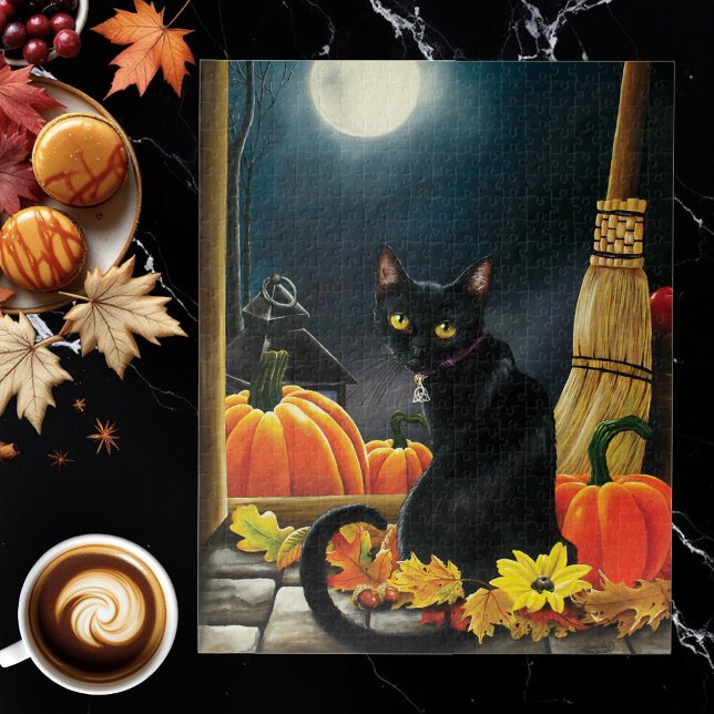Enchanting Moonlit Black Autumn Cat Pumpkins Jigsaw Puzzle (Creator Uploaded)