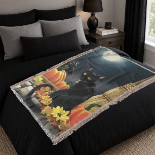 Enchanting Moonlit Black Autumn Cat Pumpkins Throw Blanket