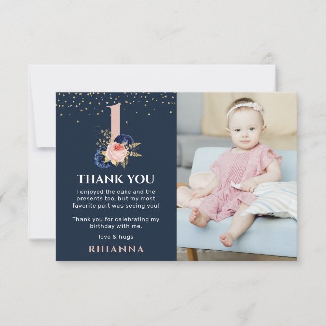 Enchanting Navy and Pink Floral 1st Birthday Photo Thank You Card (Front)