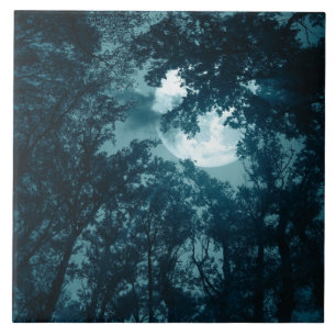 Enchanting Night Forest with Full Moon Ceramic Tile