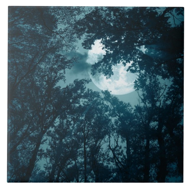 Enchanting Night Forest with Full Moon Ceramic Tile (Front)