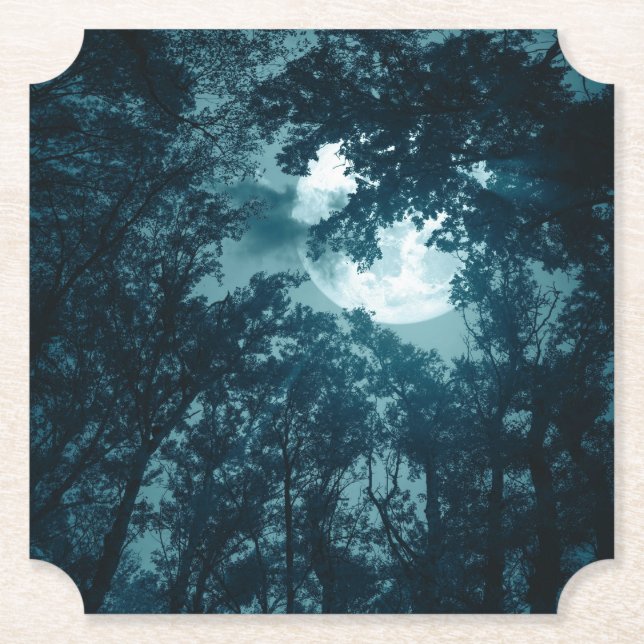 Enchanting Night Forest with Full Moon Paper Coaster (Front)