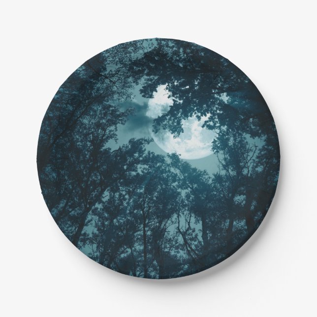 Enchanting Night Forest with Full Moon Paper Plate (Front)