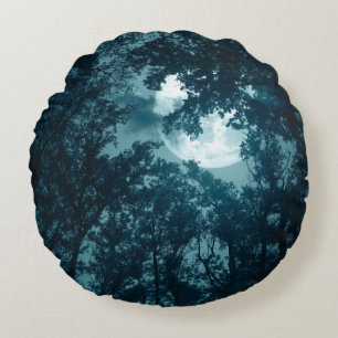 Enchanting Night Forest with Full Moon Round Cushion