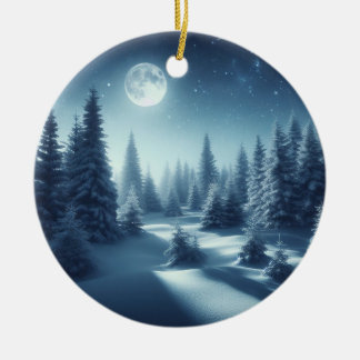 Enchanting Night Snowy Forest Sticker Ceramic Ornament