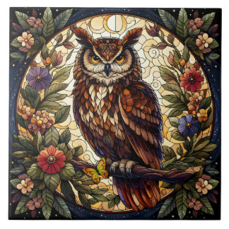 Enchanting Nocturnal Owl Stained Glass Art Ceramic Tile