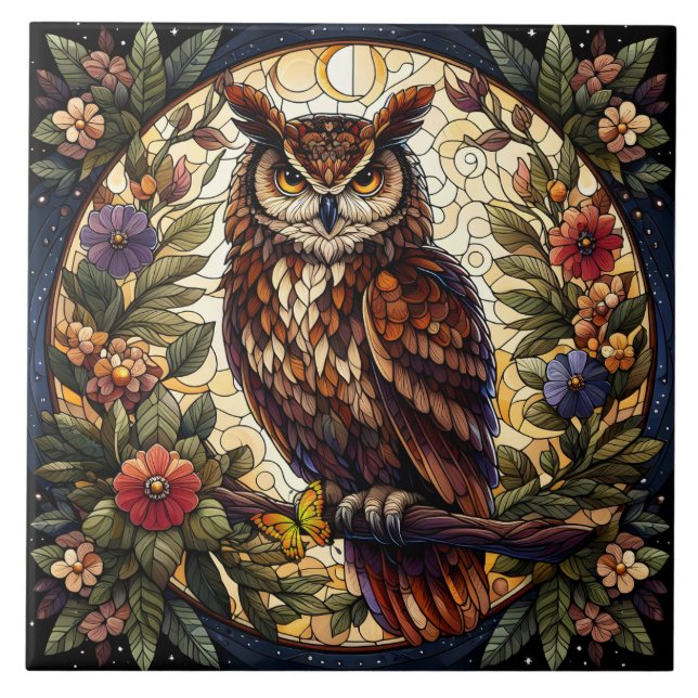 Enchanting Nocturnal Owl Stained Glass Art Ceramic Tile (Front)